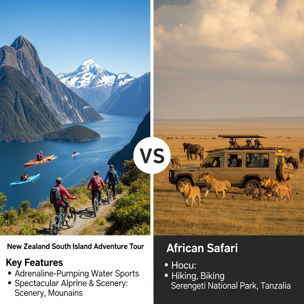 Comparison of Adventure toursNew Zealand South Island Adventure Tour vs. African Safari in Serengeti National Park, Tanzania