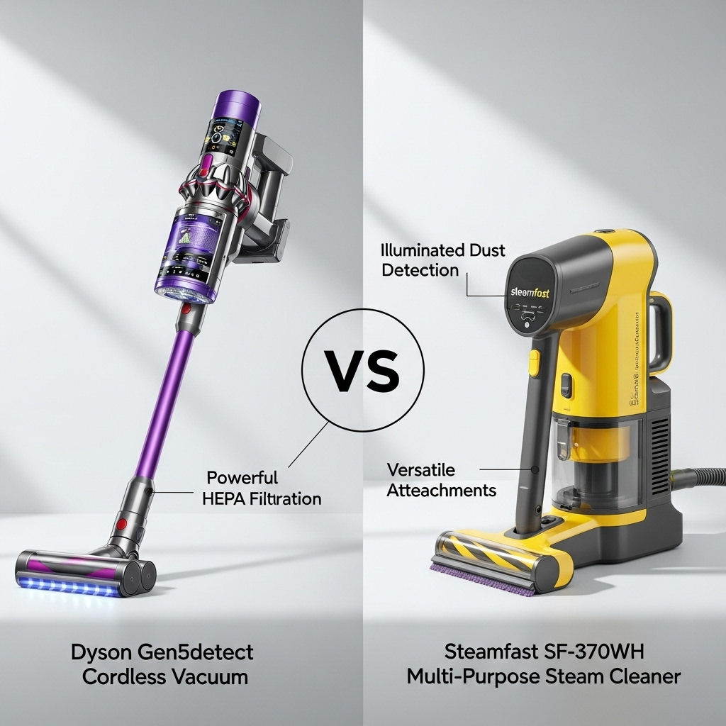 Comparison of Cleaning equipmentDyson Gen5detect Cordless Vacuum vs. Steamfast SF-370WH Multi-Purpose Steam Cleaner
