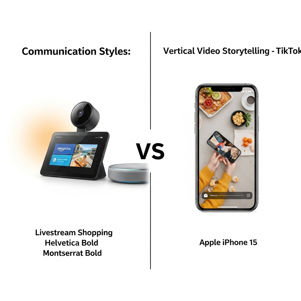 Comparison of Communication stylesLivestream Shopping (Amazon Live) vs. Vertical Video Storytelling (TikTok)