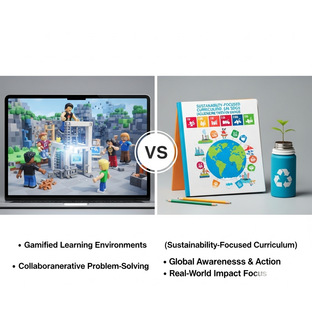 Comparison of Educational approachesGamified Learning Environments (e.g., Roblox Education) vs. Sustainability-Focused Curriculum (Aligned with UN SDGs)