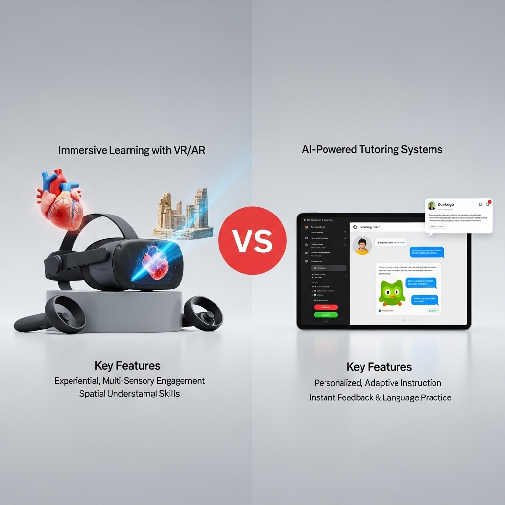Comparison of Educational approachesImmersive Learning with VR/AR (e.g., Meta Quest Education) vs. AI-Powered Tutoring Systems (e.g., Duolingo Max)