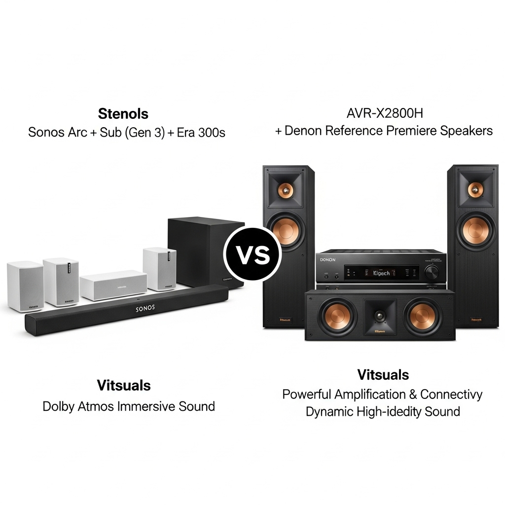 Comparison of Home theater systemsSonos Arc + Sub (Gen 3) + Era 300s vs. Denon AVR-X2800H + Klipsch Reference Premiere Speakers