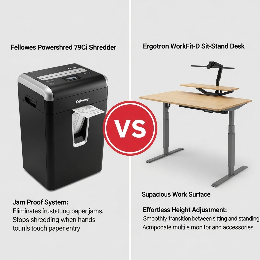 Comparison of Office electronicsFellowes Powershred 79Ci Shredder vs. Ergotron WorkFit-D Sit-Stand Desk