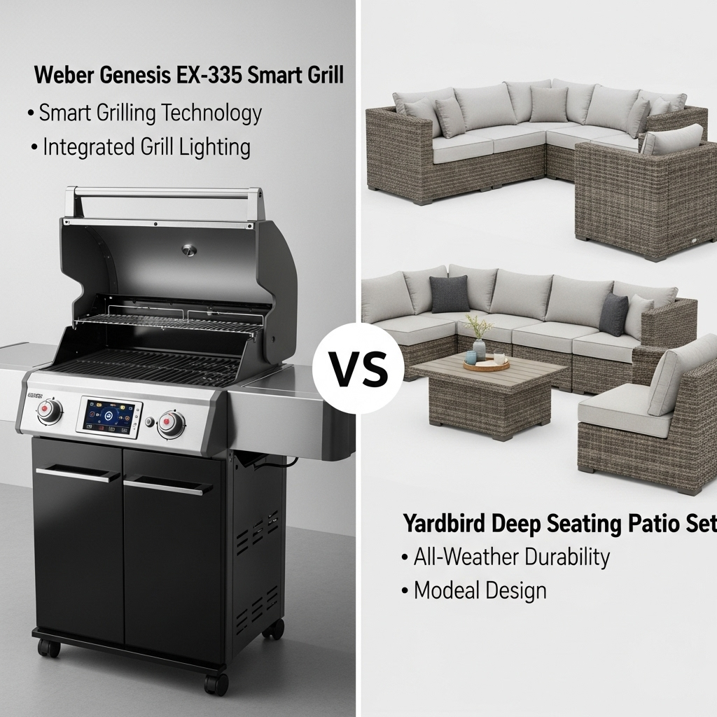 Comparison of Outdoor & gardenWeber Genesis EX-335 Smart Grill vs. Yardbird Deep Seating Patio Set